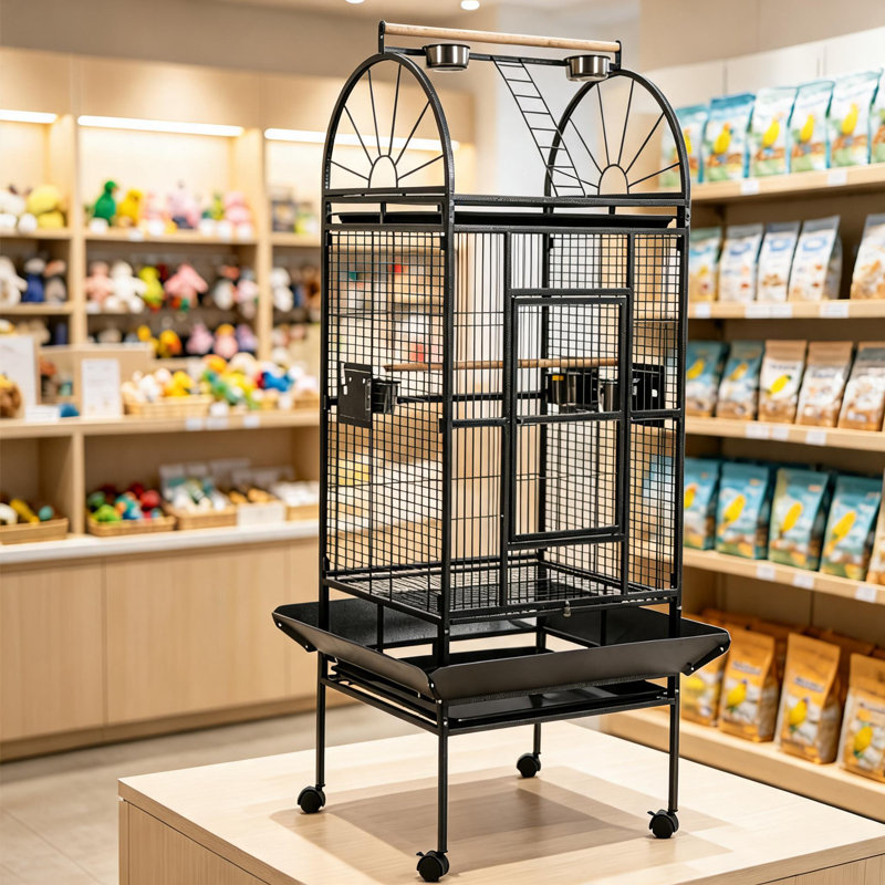 Cage à oiseaux roulante en métal de 173 cm de haut avec toit arqué et support – Volière intérieure pour perroquets, calopsittes, perruches et perruches ondulées – Comprend un perchoir en bois, des mangeoires et un plateau amovible