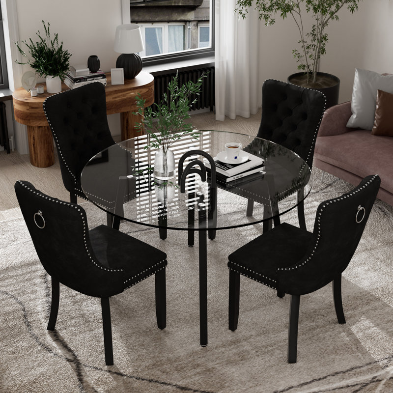 5-Piece Round Glass Dining Table Set, Black, 29.5" H x 42" W x 42" D