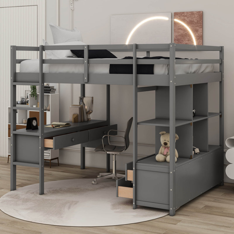 Loft Bed with Built-in Desk with Two Drawers, and Storage Shelves and Drawers, Gray, Full