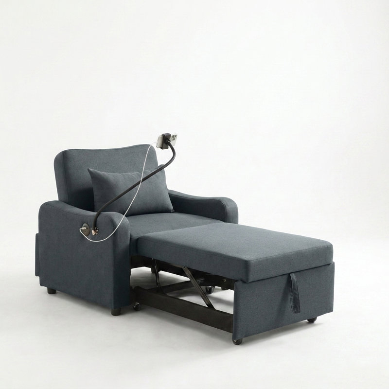 Fauteuil-lit convertible 3-en-1 avec dossier réglable, support pour téléphone et port de charge USB, Gris