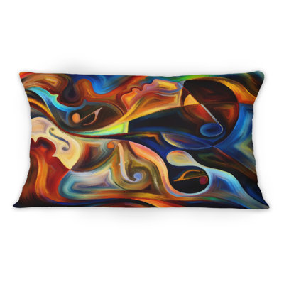Coussin décoratif à imprimé moderne bleu, orange et jaune sur fond noir