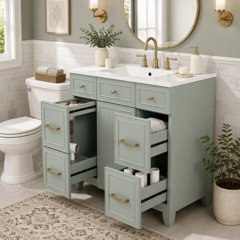Meuble-lavabo double de 91 cm avec lavabo, armoire de rangement autoportante avec portes et tiroirs