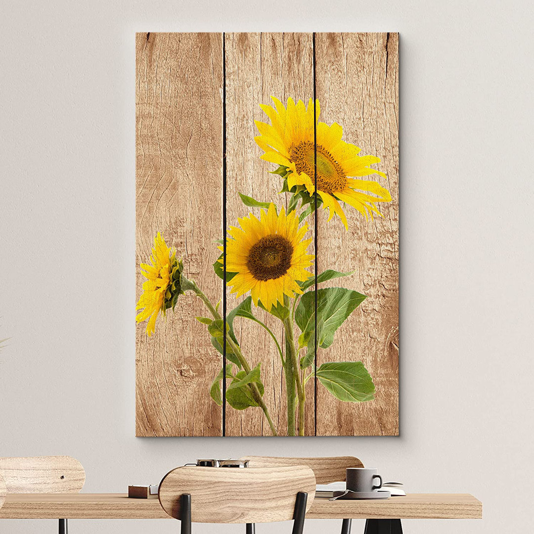 Sunflower " Tall Sunflowers Against Wooden Effect Background " IDEA4WALL Overall 