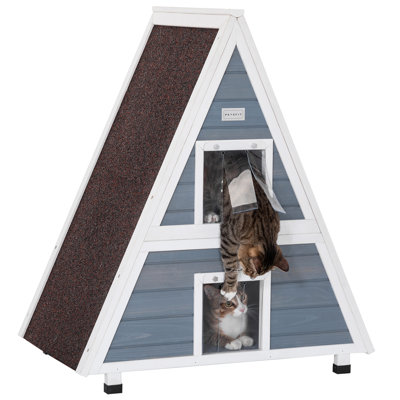 Weatherproof Outdoor Cat House ，Two Level Outside Feral Cat House with Escape Door for Small Animal，31" Lx20 W x36 H，Grey