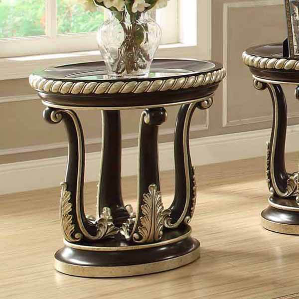 Brown Cherry Hand Carved End Table with Gold Trim