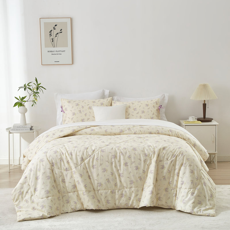 Microfiber Floral Print Comforter Set, Full Comforter + 2 Pillowcases, Beige Floral