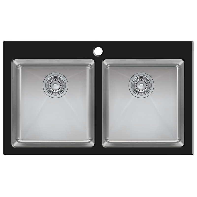 Évier de cuisine encastré à double cuve en acier inoxydable avec 2 trous de robinet Nautika, Noir, L 35 po x l 21 po