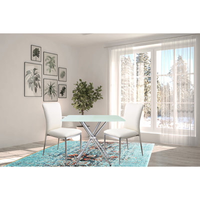 Table carrée 36 po - Blanc doux moderne avec table en verre trempé givré et 2 pieds rembourrés pour les faux espaces