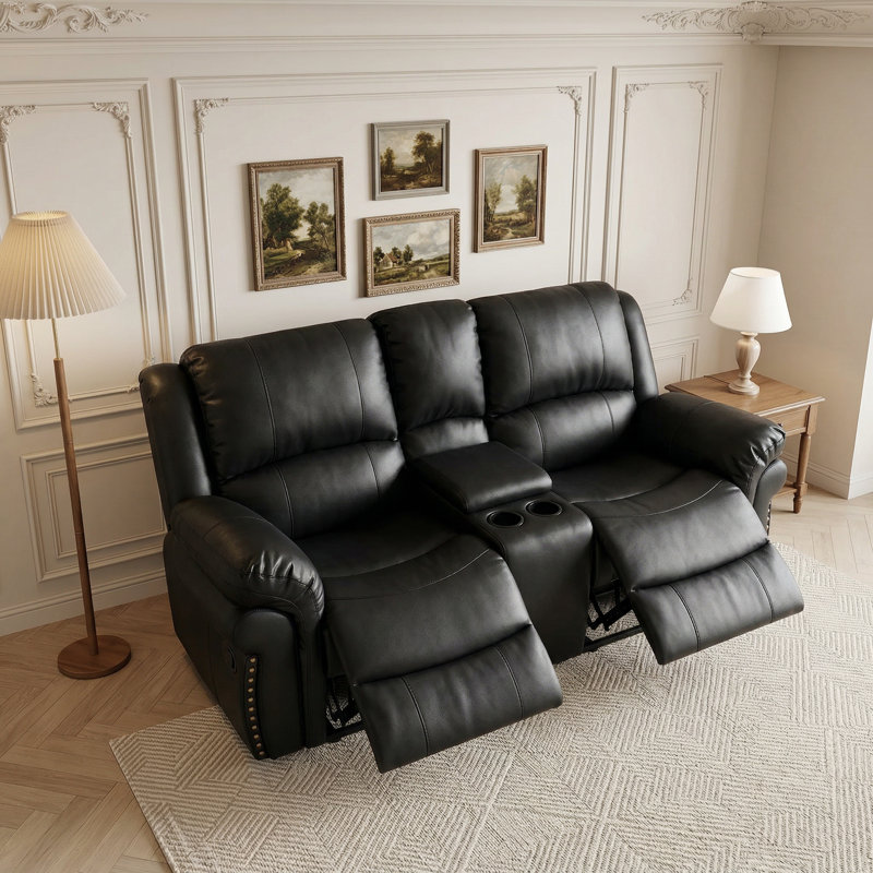 Causeuse inclinable avec console centrale 73,2 po en similicuir respirant, Noir