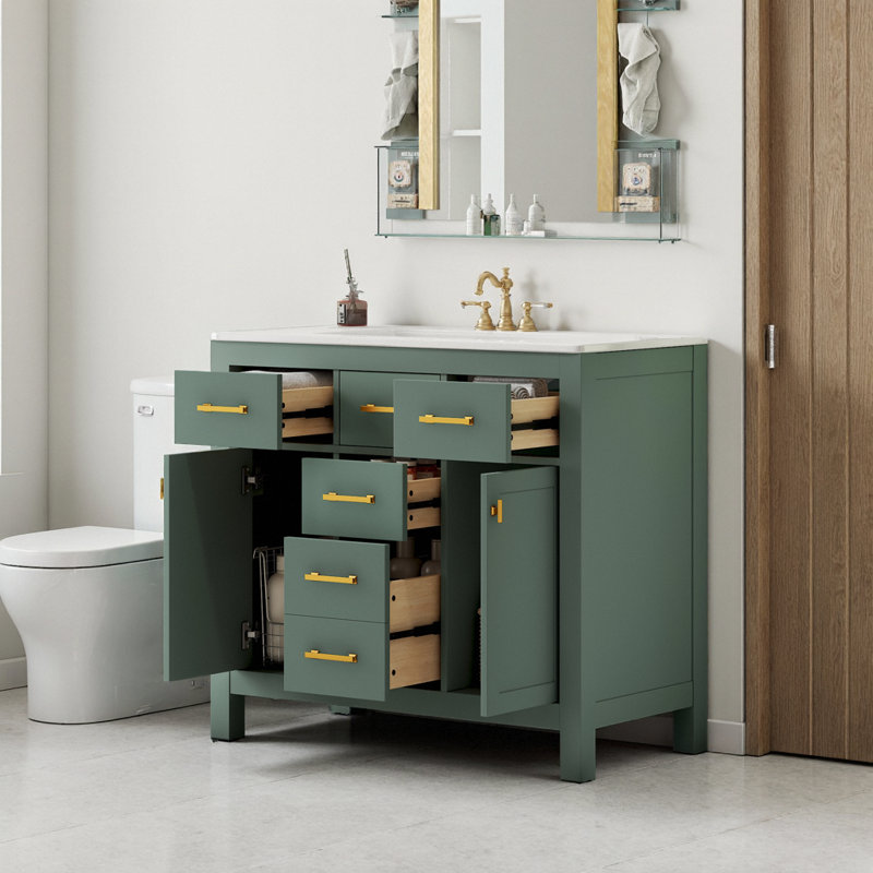 36" Vanity – 4 Extension Drawers + 2 Soft-Close Cabinets, 6.7" Ceramic Sink & Gold Handles. Solid-Pine Frame, 4" Faucet Deck