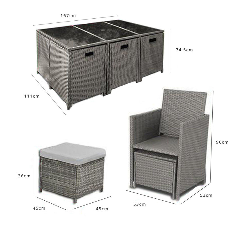 Allexia 10 - Person Wicker Patio Dining Set with Rectangular Table , Cushions Included, Grey, Yes