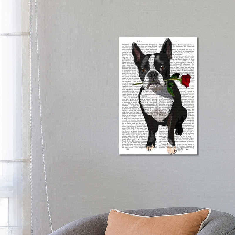 Boston Terrier With Rose In Mouth by Fab Funky - Wrapped Canvas Painting, 66.04 cm H x 45.72 cm W x 1.91 cm D