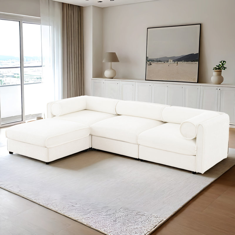 Chenille Sectional Couch With Ottoman L Shapped Sectional Sofa With Storage, White Chenille