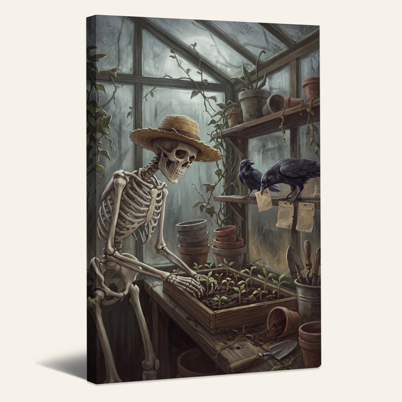 «Skeleton Gardener In Greenhouse With Crows», art mural sur toile d'Halloween, 36"H x 24"W