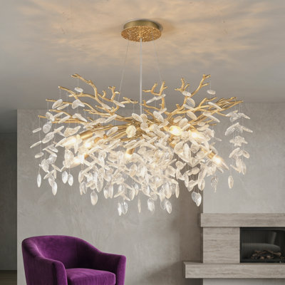 8-Light Maple Leaf Crystal Chandelier with Gold Finish, Luxury Gold Crystal Pendant Lighting for Dining Room Kitchen Island
