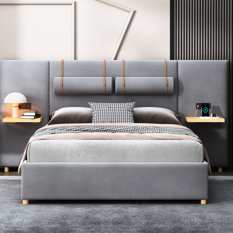 Upholstered Grey Velvet Queen Bed With Electrical Outlets, , And Side Storage Platform Two
