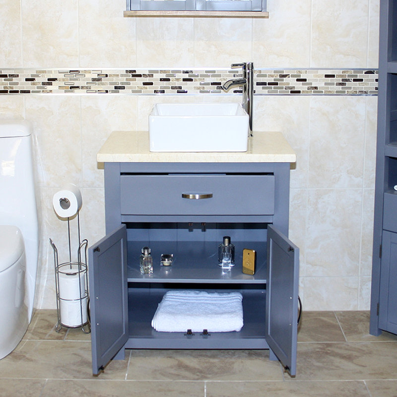 Robeson 750mm Single Bathroom Vanity with Vessel Ceramic Basin, Grey, Cream Marble