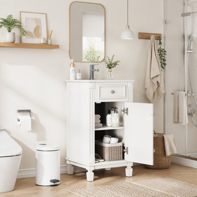 Meuble-lavabo de 45,7 cm (18 po) avec lavabo en céramique intégrée, meuble autoportant à une porte et étagère réglable, structure en bois massif et MDF, style français, blanc