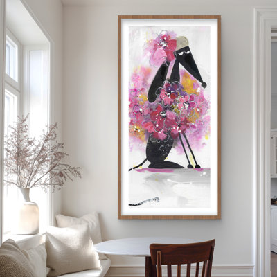 Cartoon Dog with Pink Flowers - Framed Matted Print Decor