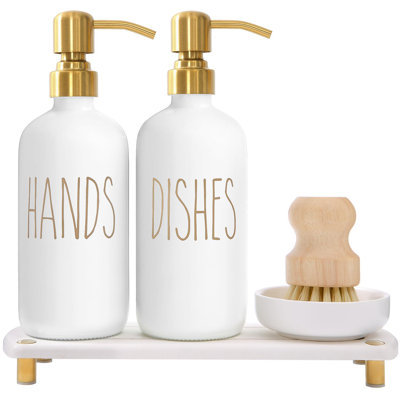 Gold Soap Dispenser Set Comes With Stainless Steel Pumps, Instant Dry Tray, And Dish Scrub Brush, Suitable For Kitchen Decor And Accessories.