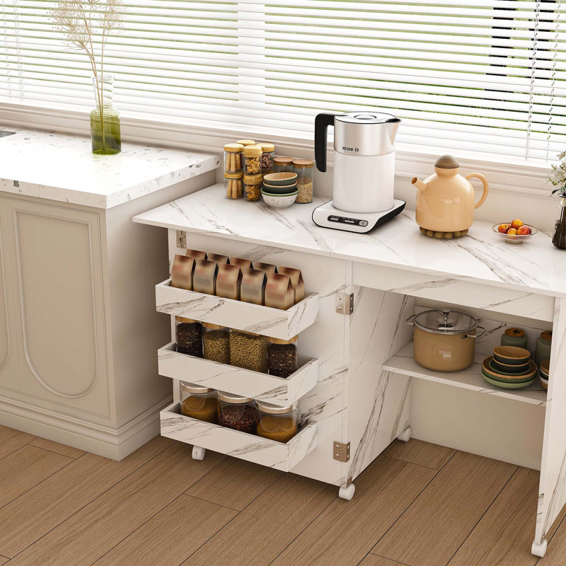 4-in-1 Folding Sewing Table with Lockable Wheels – Multi-Functional Craft Station, End Table, Computer Desk & Kitchen Storage with Shelves, White Rolling Sewing Machine Table for Apartments