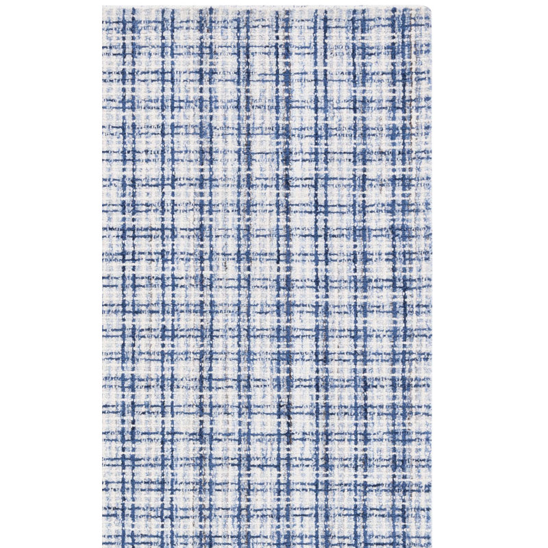 Nakara Abstract Hand Tufted Wool/Cotton Plaid Rug in Blue/Ivory, Rectangle 5' x 8'