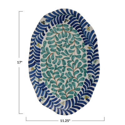 Oval Hand-Painted Stoneware Platter With Vines Design