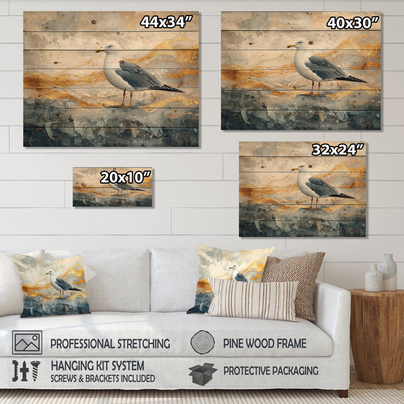 Coastal Seagull The Watchful Gull III - Art mural en bois de mouette - sur bois de pin naturel, H 24 po x l 32 po x P 0,78 po