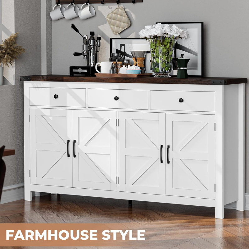 63" Sideboard Buffet Cabinet with Storage, Coffee Bar Cabinet with 3 Drawers and 4 Barn Doors, Long Wider Storage Cabinet Modern Farmhouse