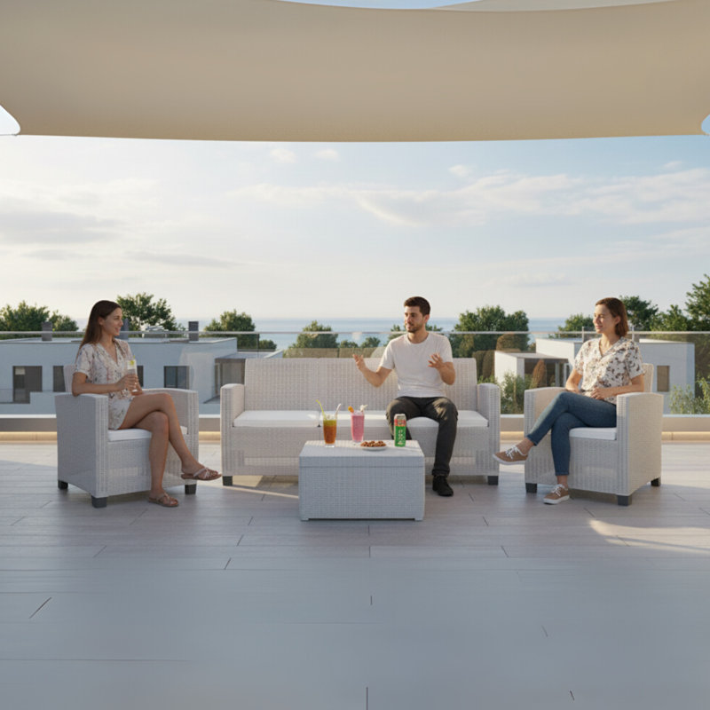 Ensemble de conversation pour canapé 5 personnes - 4 pièces avec coussins taupe, Taupe, 4 Pieces: Sofa, Table, 2 Chairs