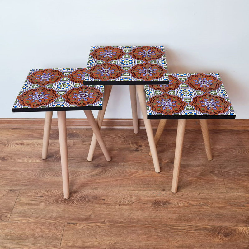 Elegant Nesting Table Set (3 Pieces), Ethnic Geometric Design, 100% MDF with Beech Wood Legs | Large Table: 13.8 x 20.5 x 13.8 in, Medium Table: 13.8 x 18.5 x 13.8 in, Small Table: 13.8 x 16.5 x 13.8 in | Stylish & Functional for Living Room & Office