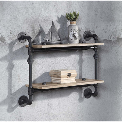 Étagère murale à 2 niveaux de style tuyau d'eau, finition chêne, structure en métal, espace de 23 po x 12 po pour bureau élégant et métal, couleur noir sablé, look, décoration d'espace