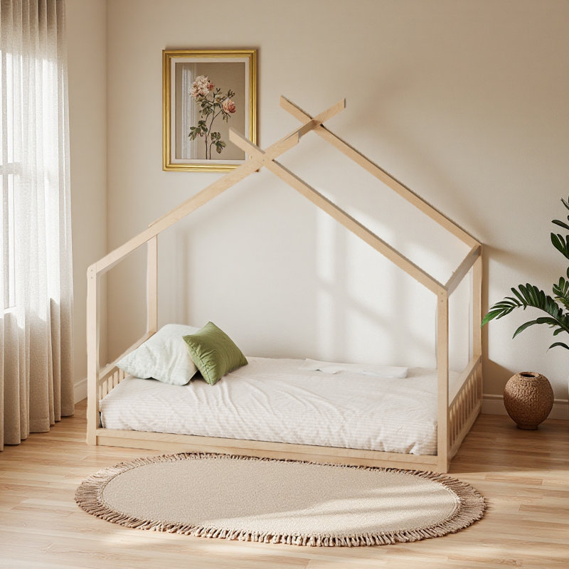 Lit maison Montessori, Naturel, Lit double