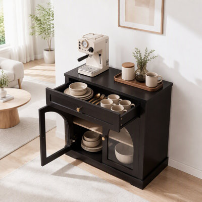 Buffet en bois de style moderne du milieu du siècle avec tablette ajustable et portes vitrées