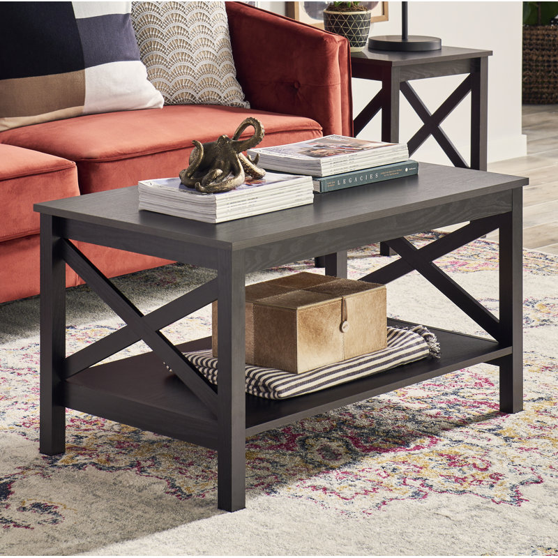 Sleek Black Walnut X-Frame Coffee Table with Storage