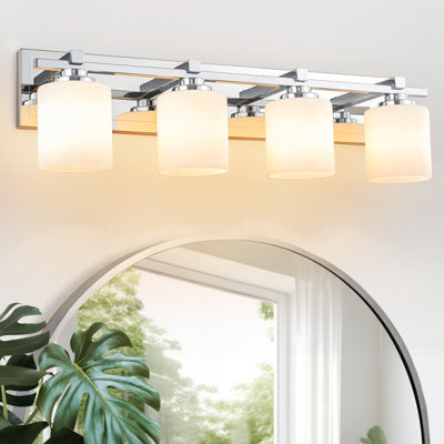 4 Light Modern Bathroom Light Fixtures Over Mirror, Chrome Vanity Lights Milky White Glass Shades, E26 Socket (Bulbs Not Included)