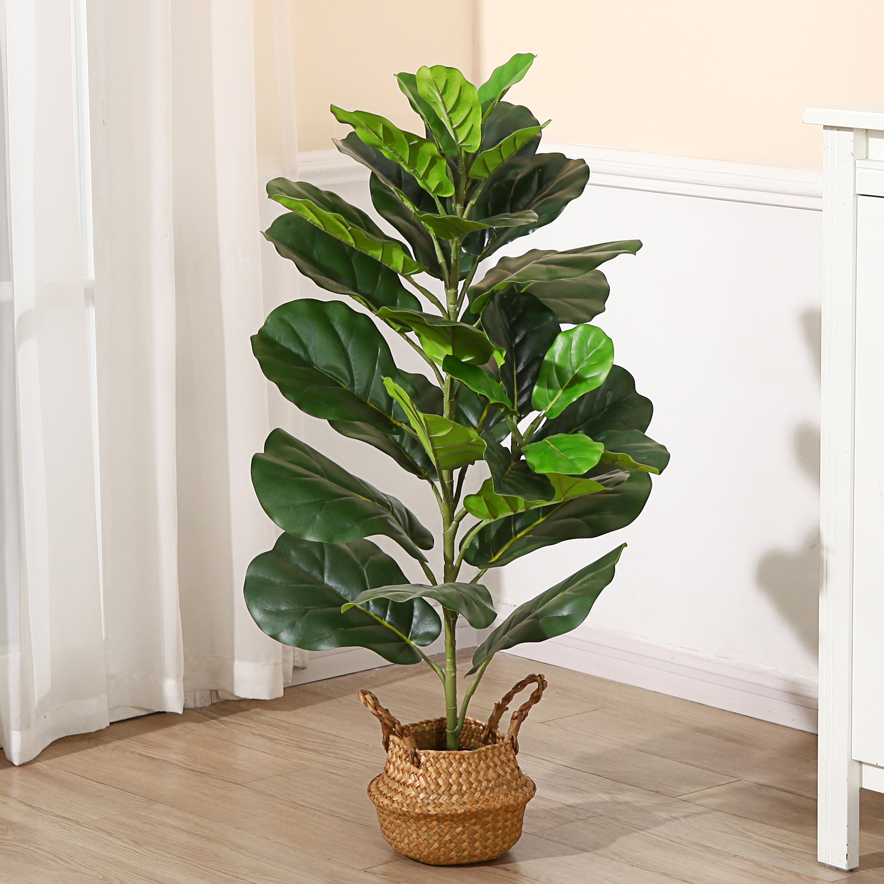 Primrue Adcock Artificial Fiddle Leaf Fig Plant in Basket, Faux Green ...