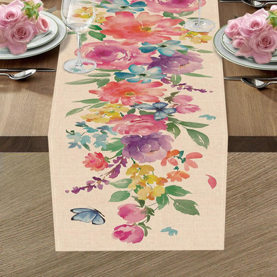 Table Runner - Multicolor, Watercolor Flowers & Butterflies, Burlap, Spring & Summer Table Décor