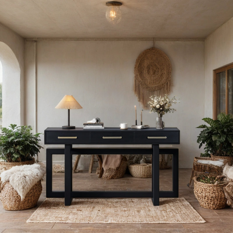 U_STYLE Élégante console à trois tiroirs, table d'entrée très longue pour le vestibule, le couloir, le salon, le vestibule, le couloir, avec finition noire + panneau de fibres à densité moyenne + finition Artsy, un meuble fonctionnel et élégant pour divers espaces intérieurs