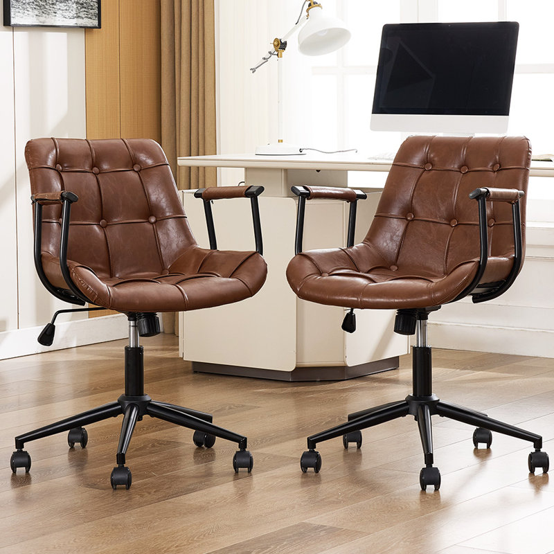 Executive Office Chair Adjustable Leather Mid Back Swivel Office Desk Chair With Padded Armrest 300lbs Load-bearing Computer Desk Chair For Home Office （set of 2 Brown）