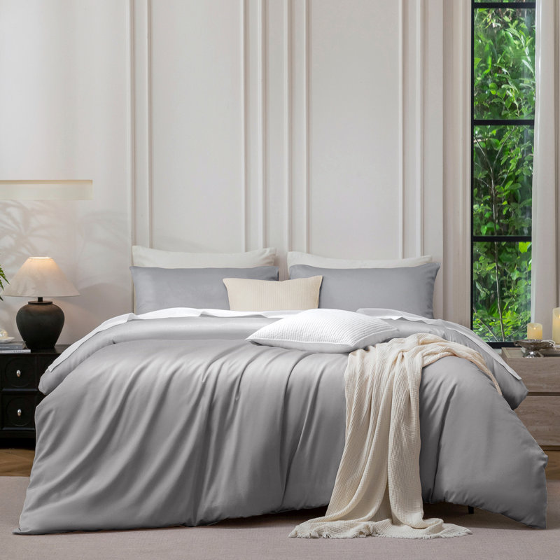 Ensemble de housse de couette MooMee, Housse de couette grand et 2 taies d'oreiller stan, Gris clair