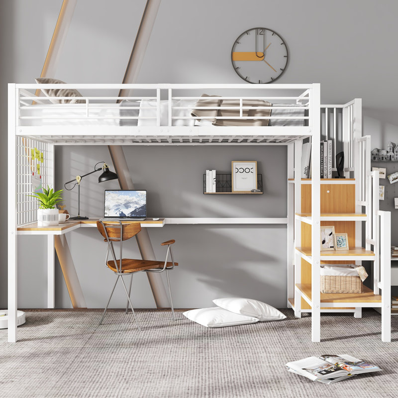 Loft Bed Frame with Storage Included with Built-in Ladder Included with Desk Included, White