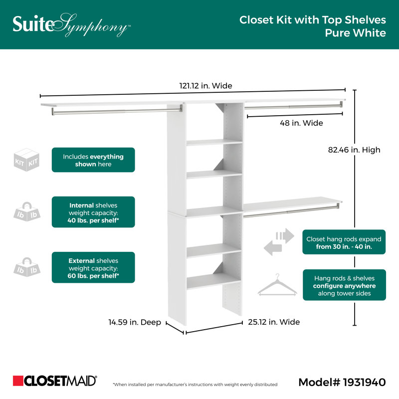 SuiteSymphony 84" W - 120" W Closet System Kit with Top Shelves, Pure White