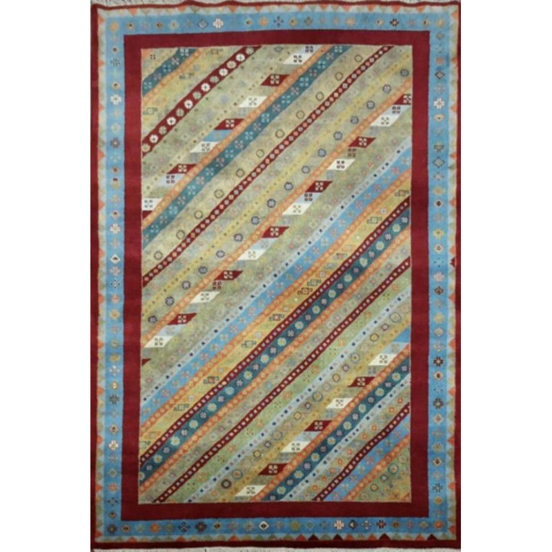 Tapis rayé en laine / coton rectangulaire fait à la main 4 pi x 6 pi bleu / rouge / vert
