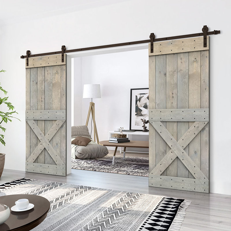 Porte de grange à panneaux et en bois avec quincaillerie d'installation, Beige/gris, 96 po x 84 po