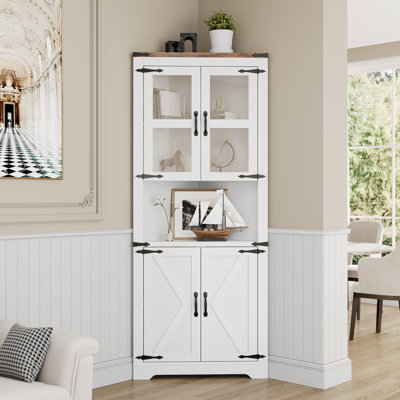 Tall Corner Cabinet, Farmhouse Corner Storage Cabinet with Glass Door & Adjustable Shelves, Space Saving Storage