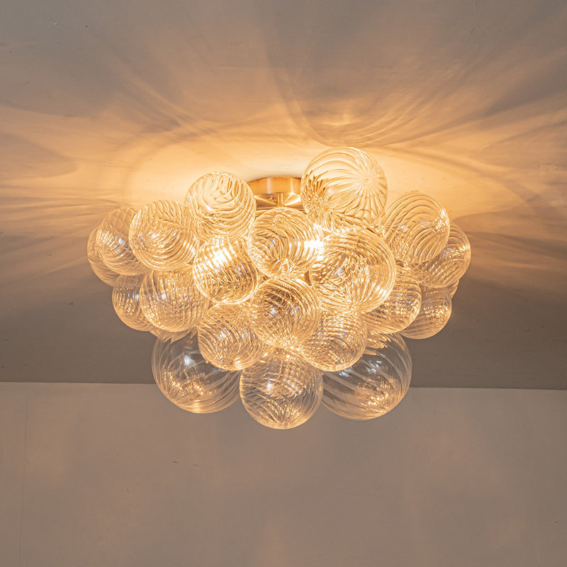 Aniek 3-Light Clear Ribbed Glass Bubble Semi Flush Mount Ceiling Light Fixture, Nickel