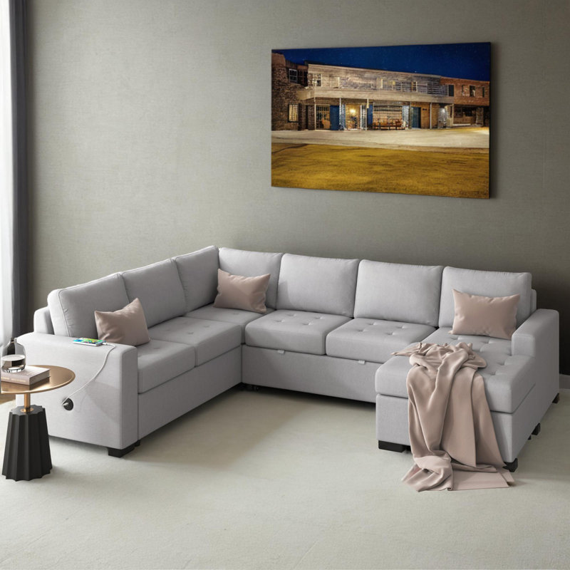108" Upholstered Pull-Out Sleeper Sectional Sofa Bed, Gray Polyester Blend