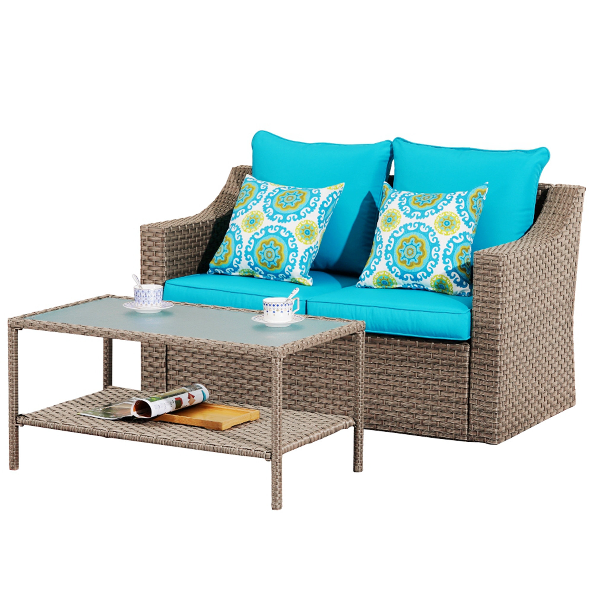 Ebern Designs Outdoor Wicker PE Rattan Patio Double Couch Set With ...