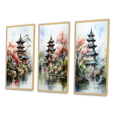 «Asian Art Serene Pagoda», 3 pièces sur toile